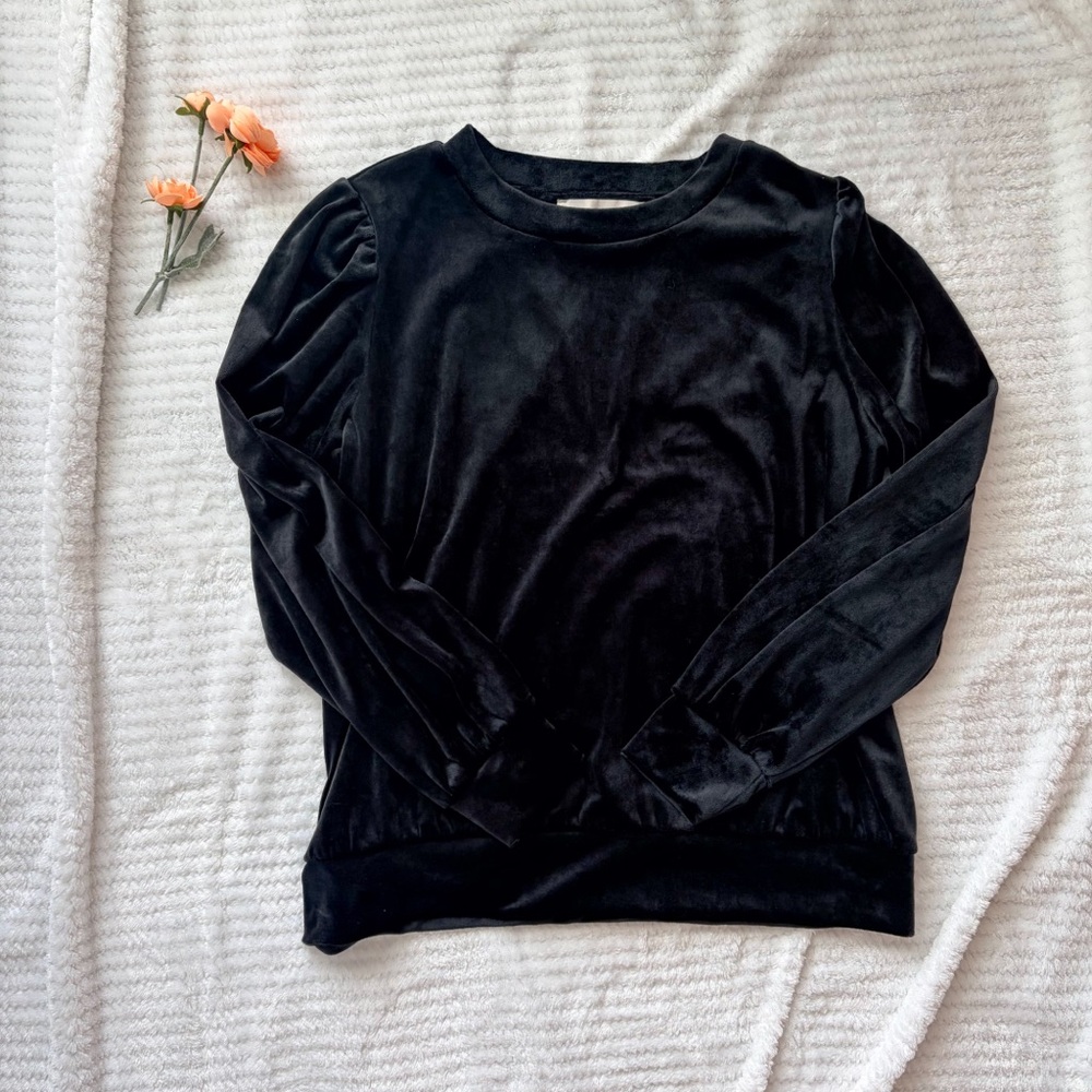 LOFT Black Velvet Puff Sleeve Sweatshirt Crewneck - Size M